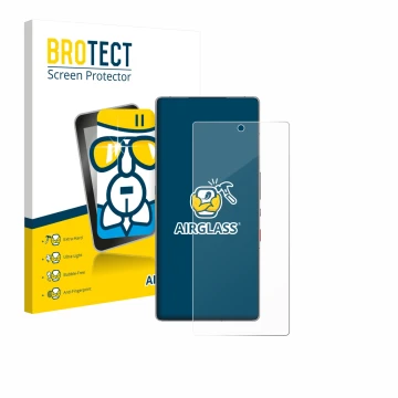 Parte frontal de un envase de producto con el logotipo de la marca BROTECT. Al lado se muestra el dispositivo ZTE Nubia Red Ma