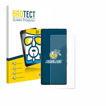 Parte frontal de un envase de producto con el logotipo de la marca BROTECT. Al lado se muestra el dispositivo ZTE Nubia Red Ma