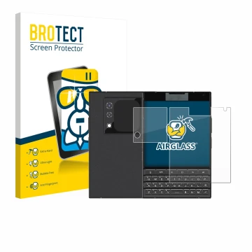 Parte frontal de un envase de producto con el logotipo de la marca BROTECT. Al lado se muestra el dispositivo Unihertz Titan 2