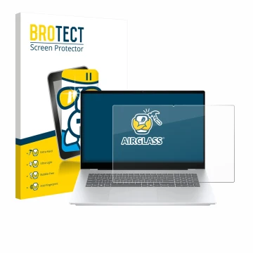 Parte frontal de un envase de producto con el logotipo de la marca BROTECT. Al lado se muestra el dispositivo HP OmniBook 7 17