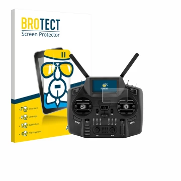 Parte frontal de un envase de producto con el logotipo de la marca BROTECT. Al lado se muestra el dispositivo Radiomaster GX12