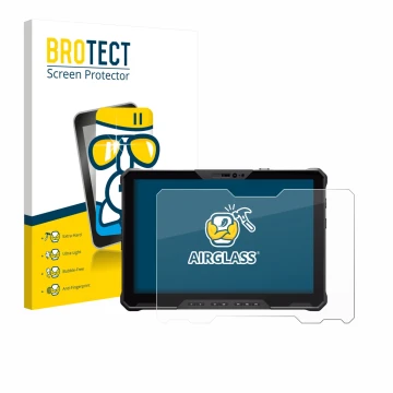 Parte frontal de un envase de producto con el logotipo de la marca BROTECT. Al lado se muestra el dispositivo Dell Pro Rugged 