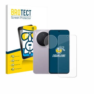 Parte frontal de un envase de producto con el logotipo de la marca BROTECT. Al lado se muestra el dispositivo Vivo X300 Pro (F
