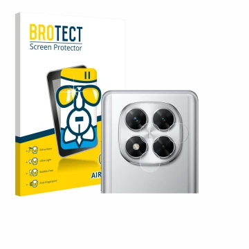 Parte frontal de un envase de producto con el logotipo de la marca BROTECT. Al lado se muestra el dispositivo Xiaomi Poco X7 (