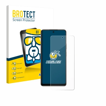 Parte frontal de un envase de producto con el logotipo de la marca BROTECT. Al lado se muestra el dispositivo Tecno Pova 7 con