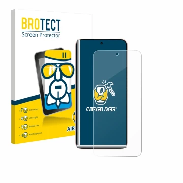 Parte frontal de un envase de producto con el logotipo de la marca BROTECT. Al lado se muestra el dispositivo Oppo Reno 14 con