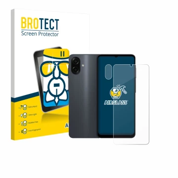 Parte frontal de un envase de producto con el logotipo de la marca BROTECT. Al lado se muestra el dispositivo Samsung Galaxy A
