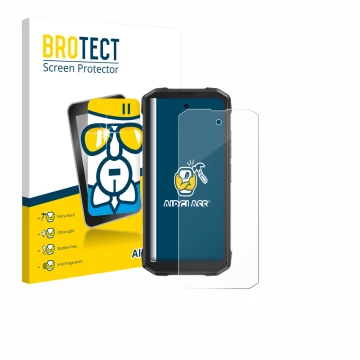 Parte frontal de un envase de producto con el logotipo de la marca BROTECT. Al lado se muestra el dispositivo Cubot King Kong 