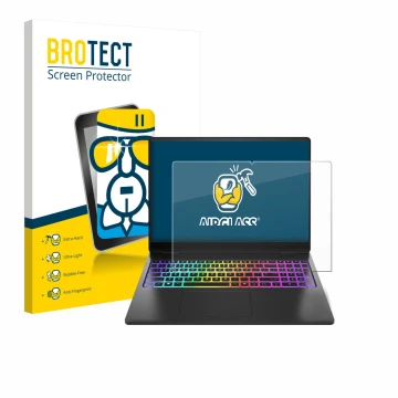 Parte frontal de un envase de producto con el logotipo de la marca BROTECT. Al lado se muestra el dispositivo HP Omen Max 16 c