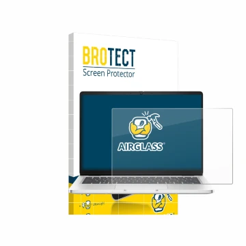 Parte frontal de un envase de producto con el logotipo de la marca BROTECT. Al lado se muestra el dispositivo Dell Pro 14 Prem