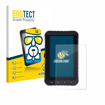 Parte frontal de un envase de producto con el logotipo de la marca BROTECT. Al lado se muestra el dispositivo Winmate M700DQ8 