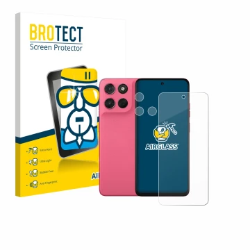 Parte frontal de un envase de producto con el logotipo de la marca BROTECT. Al lado se muestra el dispositivo Motorola Moto G5