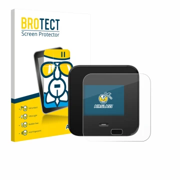 Parte frontal de un envase de producto con el logotipo de la marca BROTECT. Al lado se muestra el dispositivo Netgear Nighthaw