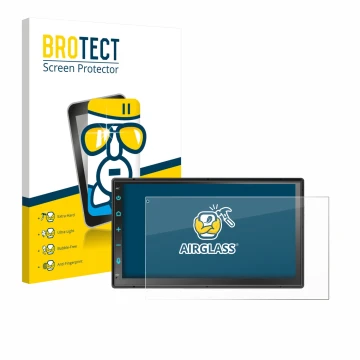 Parte frontal de un envase de producto con el logotipo de la marca BROTECT. Al lado se muestra el dispositivo Atoto F7 WE F7G2