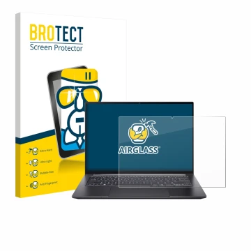 Parte frontal de un envase de producto con el logotipo de la marca BROTECT. Al lado se muestra el dispositivo Acer Swift X 14 