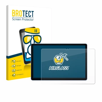 Parte frontal de un envase de producto con el logotipo de la marca BROTECT. Al lado se muestra el dispositivo Itel VistaTab 30