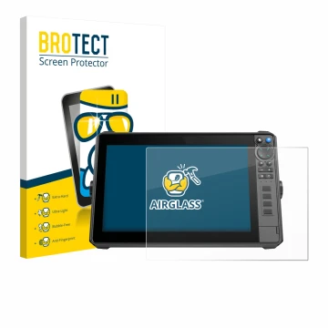 Parte frontal de un envase de producto con el logotipo de la marca BROTECT. Al lado se muestra el dispositivo Lowrance HDS-12 