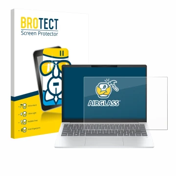 Parte frontal de un envase de producto con el logotipo de la marca BROTECT. Al lado se muestra el dispositivo HP OmniBook 7 Ae