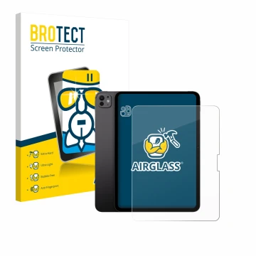 Parte frontal de un envase de producto con el logotipo de la marca BROTECT. Al lado se muestra el dispositivo Apple iPad Pro 1