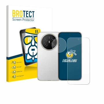 Parte frontal de un envase de producto con el logotipo de la marca BROTECT. Al lado se muestra el dispositivo Huawei Mate 70 A