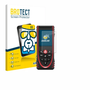 Parte frontal de un envase de producto con el logotipo de la marca BROTECT. Al lado se muestra el dispositivo Leica DISTO X3 c