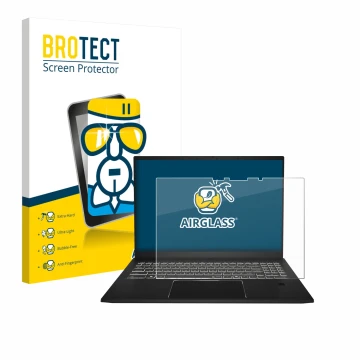 Parte frontal de un envase de producto con el logotipo de la marca BROTECT. Al lado se muestra el dispositivo MSI Summit A16 A