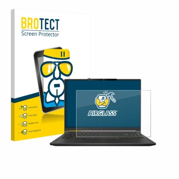 Parte frontal de un envase de producto con el logotipo de la marca BROTECT. Al lado se muestra el dispositivo MSI Stealth A16 