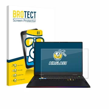 Parte frontal de un envase de producto con el logotipo de la marca BROTECT. Al lado se muestra el dispositivo MSI Raider A18 H