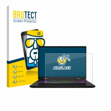 Parte frontal de un envase de producto con el logotipo de la marca BROTECT. Al lado se muestra el dispositivo MSI Vector 16 HX