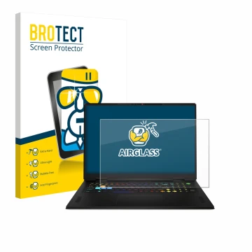 Parte frontal de un envase de producto con el logotipo de la marca BROTECT. Al lado se muestra el dispositivo MSI Vector A18 H