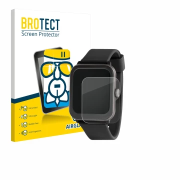 Parte frontal de un envase de producto con el logotipo de la marca BROTECT. Al lado se muestra el dispositivo Sector Smartwatc