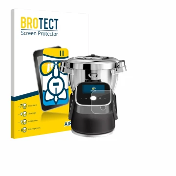 Parte frontal de un envase de producto con el logotipo de la marca BROTECT. Al lado se muestra el dispositivo Moulinex i-Compa