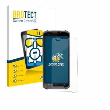 Parte frontal de un envase de producto con el logotipo de la marca BROTECT. Al lado se muestra el dispositivo Newland MT93 con