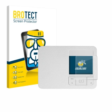 Parte frontal de un envase de producto con el logotipo de la marca BROTECT. Al lado se muestra el dispositivo Canon Selphy CP1