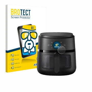 Parte frontal de un envase de producto con el logotipo de la marca BROTECT. Al lado se muestra el dispositivo Philips Airfryer
