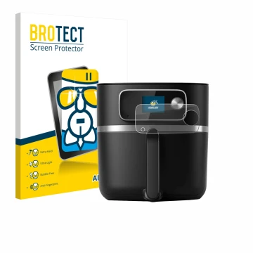 Parte frontal de un envase de producto con el logotipo de la marca BROTECT. Al lado se muestra el dispositivo Philips Airfryer