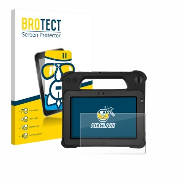 Parte frontal de un envase de producto con el logotipo de la marca BROTECT. Al lado se muestra el dispositivo Zebra XPad L10ax