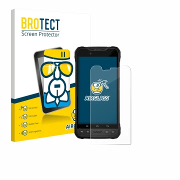 Parte frontal de un envase de producto con el logotipo de la marca BROTECT. Al lado se muestra el dispositivo Zebra Xplore M60