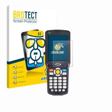Parte frontal de un envase de producto con el logotipo de la marca BROTECT. Al lado se muestra el dispositivo Unitech HT510 co