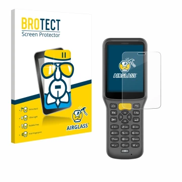 Parte frontal de un envase de producto con el logotipo de la marca BROTECT. Al lado se muestra el dispositivo Newland MT37 Bai