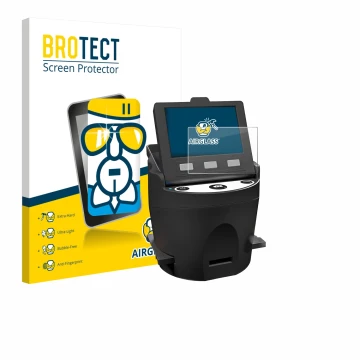 Parte frontal de un envase de producto con el logotipo de la marca BROTECT. Al lado se muestra el dispositivo Kodak SCANZA con