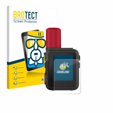 Parte frontal de un envase de producto con el logotipo de la marca BROTECT. Al lado se muestra el dispositivo Garmin inReach M