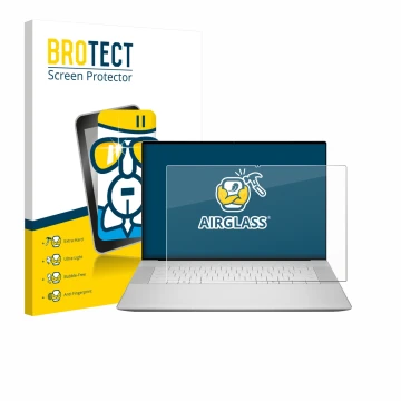 Parte frontal de un envase de producto con el logotipo de la marca BROTECT. Al lado se muestra el dispositivo Dell 16 Premium 