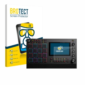 Parte frontal de un envase de producto con el logotipo de la marca BROTECT. Al lado se muestra el dispositivo Akai MPC Live II