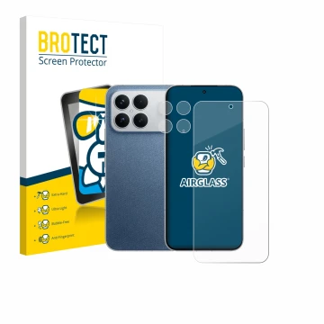 Parte frontal de un envase de producto con el logotipo de la marca BROTECT. Al lado se muestra el dispositivo Xiaomi Poco F8 U