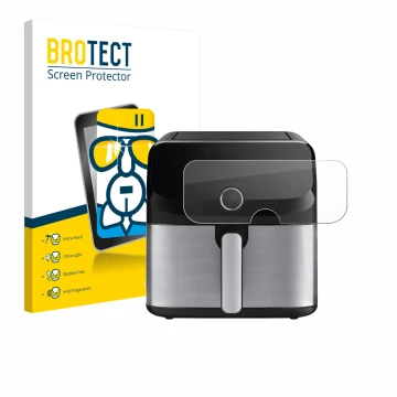 Parte frontal de un envase de producto con el logotipo de la marca BROTECT. Al lado se muestra el dispositivo Tefal Easy Fry M