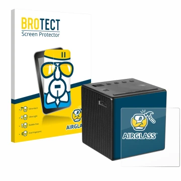 Parte frontal de un envase de producto con el logotipo de la marca BROTECT. Al lado se muestra el dispositivo Sony ICF-C1 con 