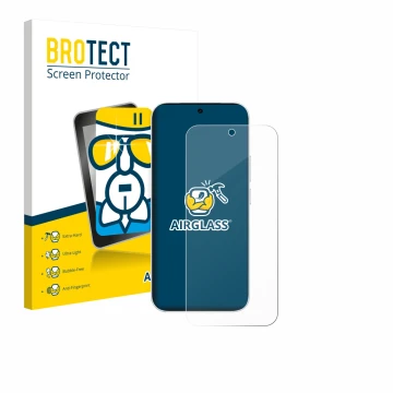 Parte frontal de un envase de producto con el logotipo de la marca BROTECT. Al lado se muestra el dispositivo Vivo S50 con su 