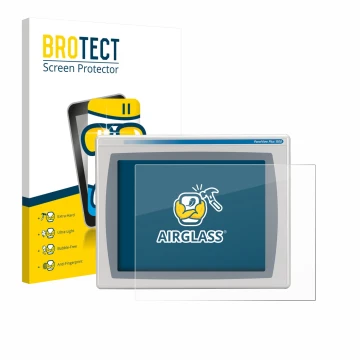 Parte frontal de un envase de producto con el logotipo de la marca BROTECT. Al lado se muestra el dispositivo Allen Bradly HMI