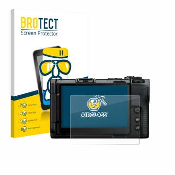 Parte frontal de un envase de producto con el logotipo de la marca BROTECT. Al lado se muestra el dispositivo Nikon ZR 2025 co